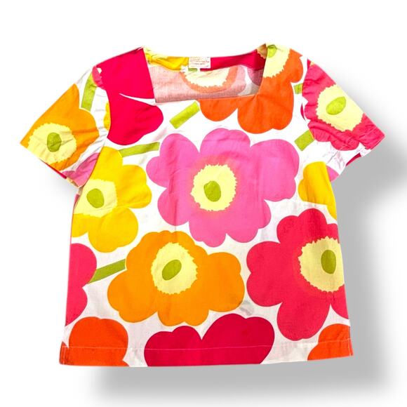 Handmade Mod Floral Square Neck Cotton Top OOAK Pink Orange Yellow Short Sleeve - Picture 7 of 9